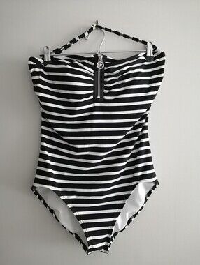 Michael Kors Striped One Piece Swim Bathing Suit Black White Plus Size 14